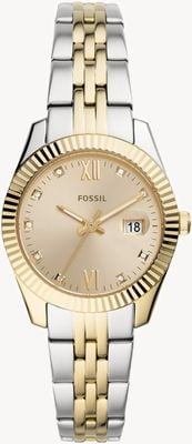 Fossil Scharlachroter Mini für Damen | goldenes Zifferblatt | zweifarbiges Edelstahlarmband ES4949