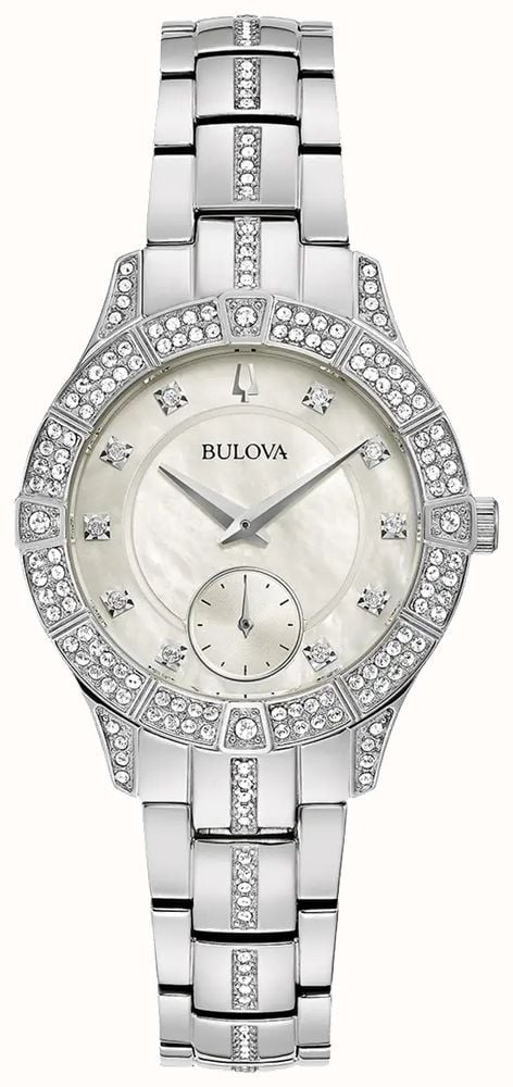 Bulova Women s Phantom Crystal Mother of Pearl Dial Crystal Stainless Steel 96L291 First Class Watches IRL