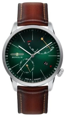 Zeppelin Montre Flatline Power Reserve automatique (40 mm) cadran vert / bracelet en cuir marron 8366-4