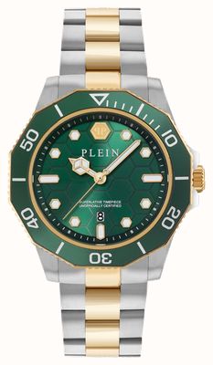 Philipp Plein Aquastorm al quarzo (44 mm) quadrante verde con motivo a raggi di sole / bracciale in acciaio inossidabile bicolore PW2GA0526