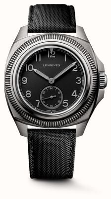 LONGINES Pilot Majetek Pioneer Edition Chronometer zertifiziert (43 mm) schwarzes Zifferblatt / schwarzes Synthetikarmband L28381532