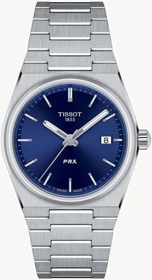 Tissot Prx Quarz (35 mm), blaues Zifferblatt mit Sonnenschliff / Edelstahlarmband T1372101104100