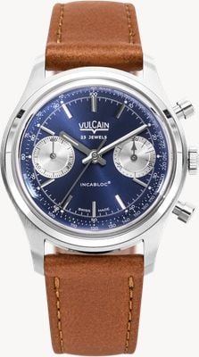 Vulcain 70年代计时码表手动上链(38毫米)蓝色太阳纹表盘/棕色小牛皮表带腕表 640109A30.BAC207