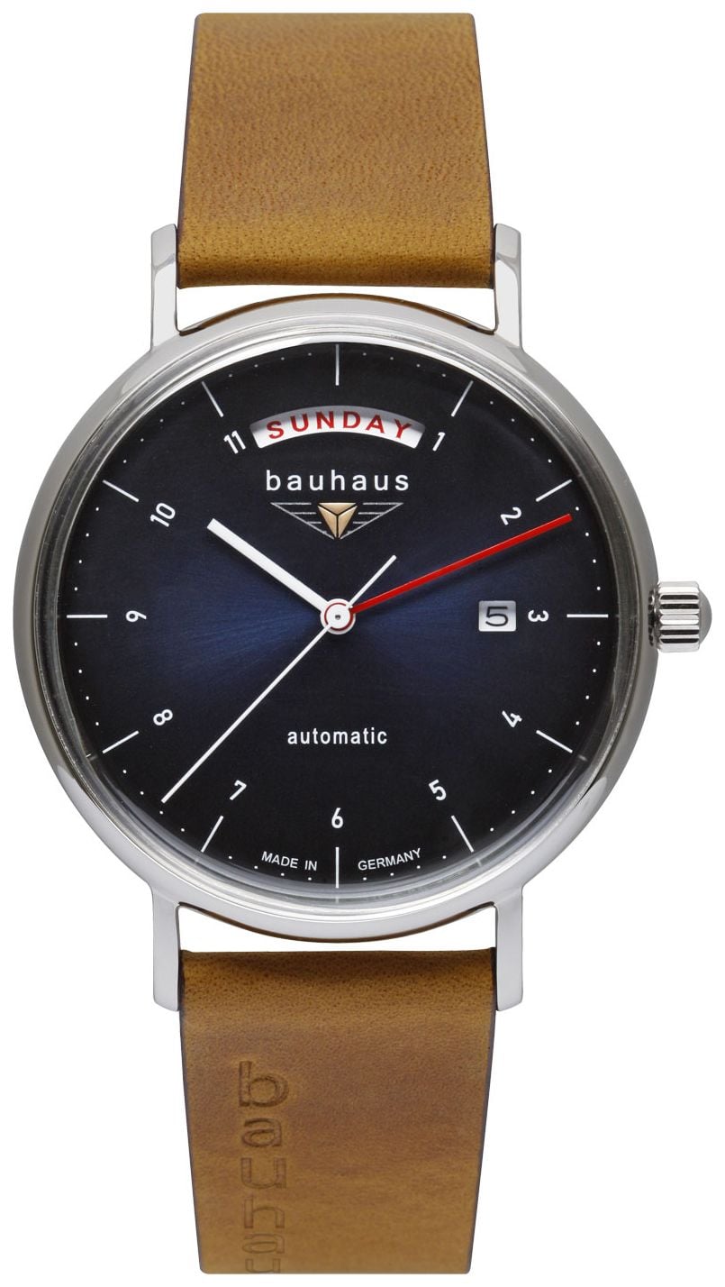 Bauhaus Bracelet homme en cuir italien marron | cadran bleu montre