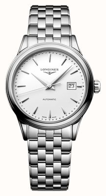 LONGINES Klassisches Flaggschiffmodell mit Automatikaufzug (30 mm), weißem Zifferblatt und Edelstahlarmband L43744186