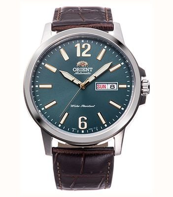 Orient Montre mécanique contemporaine jour/date (41,9 mm), cadran vert pétrole, bracelet en cuir marron foncé RA-AA0C06E39B