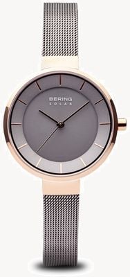 Bering Caja solar de oro rosa para mujer, correa de malla de acero inoxidable 14631-369