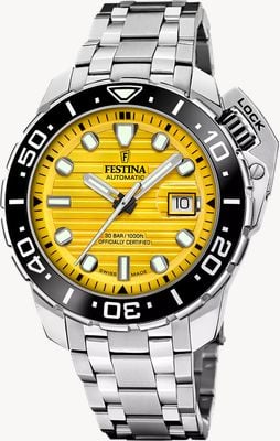 Festina Schweizer Automatikuhr COSC Taucher (47,3 mm) Gelbzifferblatt / Edelstahlarmband Set F20043/1