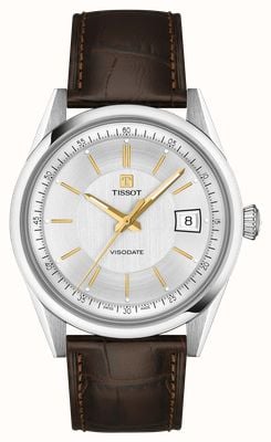 Tissot Visodate Powermatic 80 (39 mm) silbernes Zifferblatt / braunes Lederarmband T1574071603100