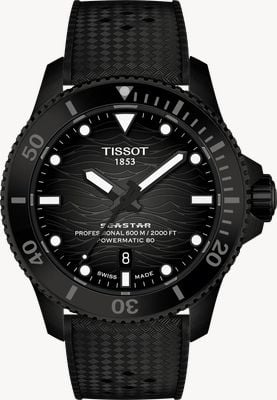 Tissot Seastar 2000 Powermatic 80 (44 mm) Uhr mit schwarzem Wellenzifferblatt und schwarzem Kautschukarmband T1209073705100