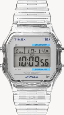 Timex T80 INDIGLO Alarm Chrono (34mm) Digital Display / Transparent Resin Strap TW2Y36400
