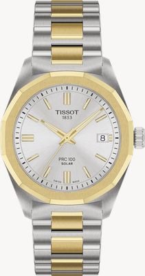 Tissot Prc 100 solar (34 mm), esfera plateada / brazalete de acero inoxidable de dos tonos T1518222203100