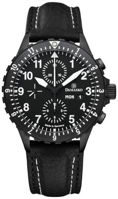 Damasko DC66 Automatic Chronograph - Silicone Escape (42mm) Black Dial / Black Leather Double-Stitch Strap DC66-BLACK-BW-STITCH-STANDARD-ENGLISH