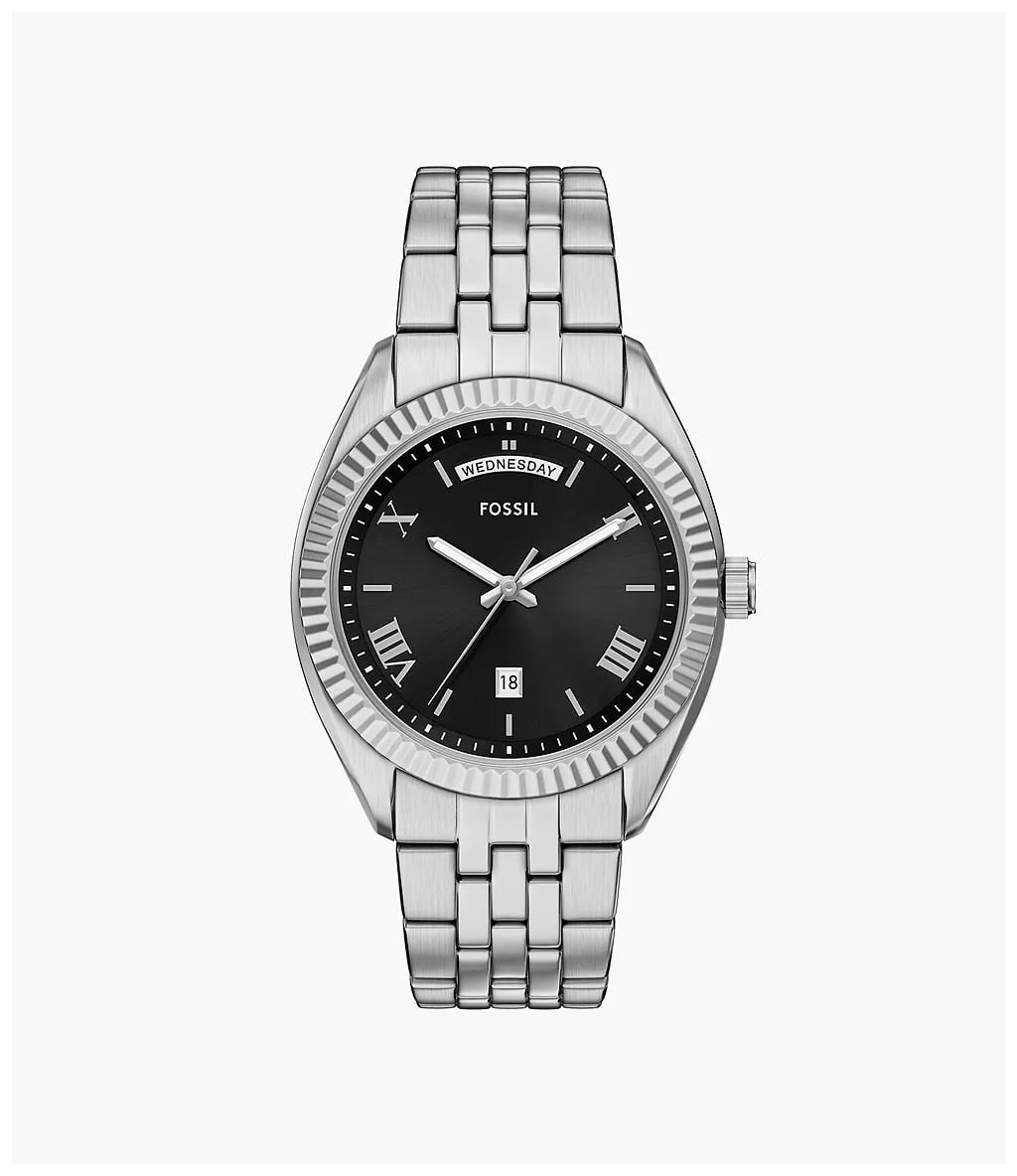 Fossil Campbell 42 mm trois aiguilles jour-date acier montre