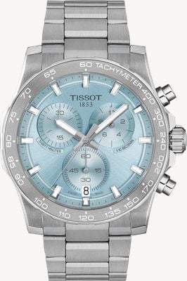 Tissot Supersport Chronograph (42 mm) Eisblau-Sonnenstrahlzifferblatt / Edelstahlarmband T1254171135100