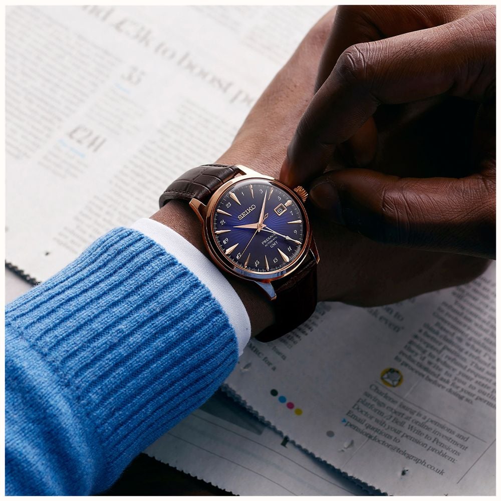 Seiko Presage Cocktail Time ‘ Corcovado’ GMT (40.5mm) Blue Dial / Brown Leather Strap HCB005J1 - alternate view 4