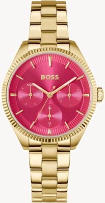 BOSS Sage Sport Multifunktionsgerät (34 mm) pinkfarbenes Zifferblatt / goldfarbenes PVD-Edelstahlarmband 1502805