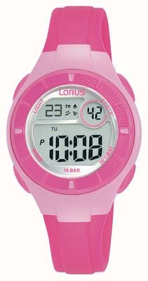 Lorus Digitale Multifunktionsuhr für Kinder, 100 m (31 mm), digitales Zifferblatt/rosafarbenes PU-Armband R2345PX9