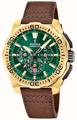 Festina Chrono Bike 2025 (45.5mm) Green Dial / Brown Leather Strap F20728/2