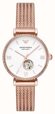 Emporio Armani Automático feminino | mostrador branco | pulseira de malha de aço inoxidável de ouro rosa AR60063