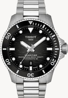 Tissot Seastar 2000 Powermatic 80 (44mm) Black Wave Dial / Stainless Steel Bracelet Watch T1209071105100