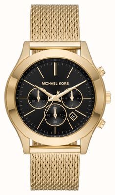 Michael Kors Slanke landingsbaan | zwarte chronograaf wijzerplaat | gouden stalen mesh armband MK9057