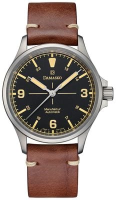Damasko Montre automatique de manufacture DK26 à trois aiguilles (39 mm) cadran noir / bracelet en cuir moka vintage DK26-VINTAGE MOCHA LEATHER