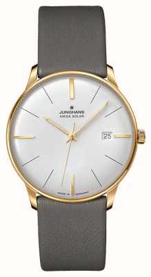 Junghans Meister MEGA Solar Radio-Controlled (38mm) Matte White Dial / Grey Leather Strap 59/7601.02