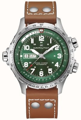 Hamilton Khaki Aviation X-Wind dzień/data auto (45 mm) z zieloną tarczą / brązowym skórzanym paskiem H77735560
