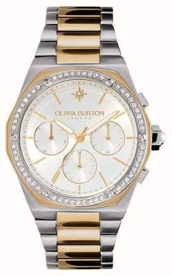 Olivia Burton Wielofunkcyjna srebrna tarcza chronografu Hexa / dwukolorowa bransoleta ze stali nierdzewnej 24000100