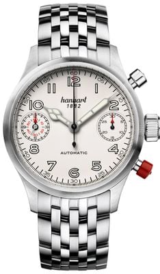 Hanhart Pioneer Twindicator Automatik-Chronograph (45 mm), antikes weißes Zifferblatt / Edelstahlarmband 730.200-6428