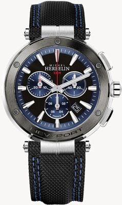 Herbelin Newport Chronograph (43mm) Blue & Black Dial / Black Leather 37688AG65