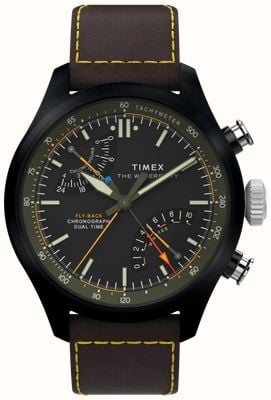 Timex Chronographe Waterbury Ace Flyback (43 mm), cadran noir / bracelet en cuir marron TW2Y70100