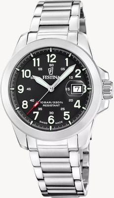 Festina Swiss Made Field Quartz (42mm) Black Dial / Interchangeable Strap Set (Steel/Leather/NATO) F20081/4
