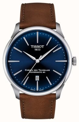 Tissot Chemin des tourelles powermatic 80 (42 mm) blauwe wijzerplaat / bruin lederen band T1394071604100