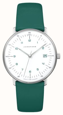 Junghans Max bill damen quartz (32.7mm) mat witte wijzerplaat / groene leren band 47/4557.02