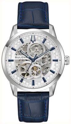 Bulova Sutton Automatic (40mm) Silver Skeleton Dial / Blue Leather Strap 96A330