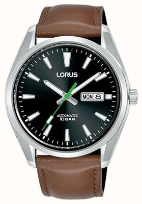 Lorus Classique automatique jour/date 100 m (42,5 mm) cadran noir soleillé / cuir marron RL457BX9