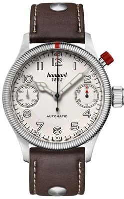 Hanhart Chronographe automatique Pioneer Monoscope (45 mm), cadran argenté / bracelet en cuir marron foncé - m 733.220-0110