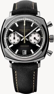 Duckworth Prestex Chronograph 42 (42 mm), schwarzes Zifferblatt mit Sonnenschliff / schwarzes Horween-Leder D550-01-A