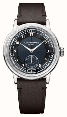 Raymond Weil Millesime automatisch horloge met kleine secondewijzer (39 mm) middernachtblauwe wijzerplaat met tuxedo-patroon / bruine kalfslederen band 2930-STC-05502
