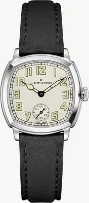 Hamilton American Classic Cushion Mechanical (30mm) Sandblasted Beige Dial / Black Leather Strap Watch H36109710