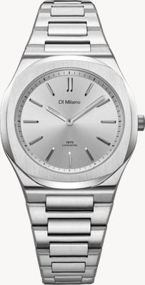 D1 Milano Ultradünnes, silberfarbenes Zifferblatt (34 mm) mit Sonnenschliff / Edelstahlarmband UHBL01