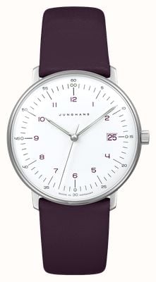 Junghans Max Bill Damenquarz (32,7 mm) mattweißes Zifferblatt / lila Lederarmband 47/4558.02
