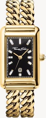 Thomas Sabo Elegante, kantige Armbanduhr aus Kristallquarz (22 mm) mit schwarzem Zifferblatt und goldfarbenem PVD-beschichtetem Edelstahlarmband mit Panzerkette WA0452-291-203-22