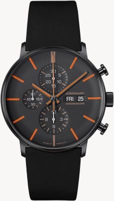 Junghans FORM A Chronoscope (43mm) Black & Orange Dial / Black Leather Strap 27/4370.03
