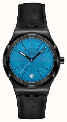 Swatch BLACKCLOAK MECHANISM (42mm) Blue Glitter Effect Dial / Black Leather Strap YIB408