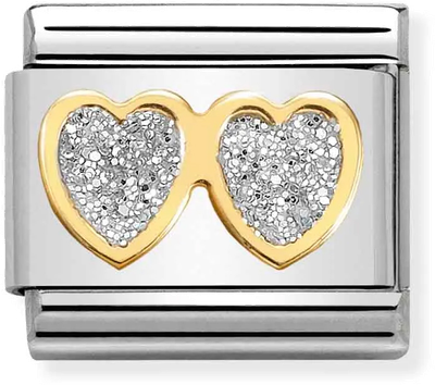 Nomination Classic Double Silver Hearts 18ct Gold & Steel Enamel Charm 030220/01