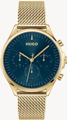 HUGO Reloj multifunción #smash (43 mm), esfera azul y pulsera de malla de acero inoxidable con recubrimiento PVD dorado. 1530410