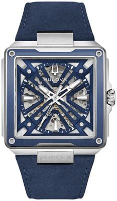 Bulova Serie X Automatik (41 mm) blaues Skelett-Zifferblatt / blaues Wildlederarmband 98A342